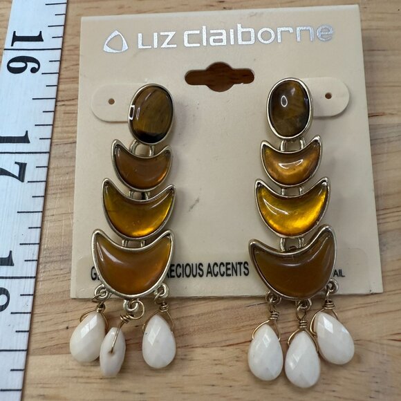 Liz Claiborne Gold-Tone Brown Crescent Drop Earrings W/ White Bead Accents - Picture 8 of 8